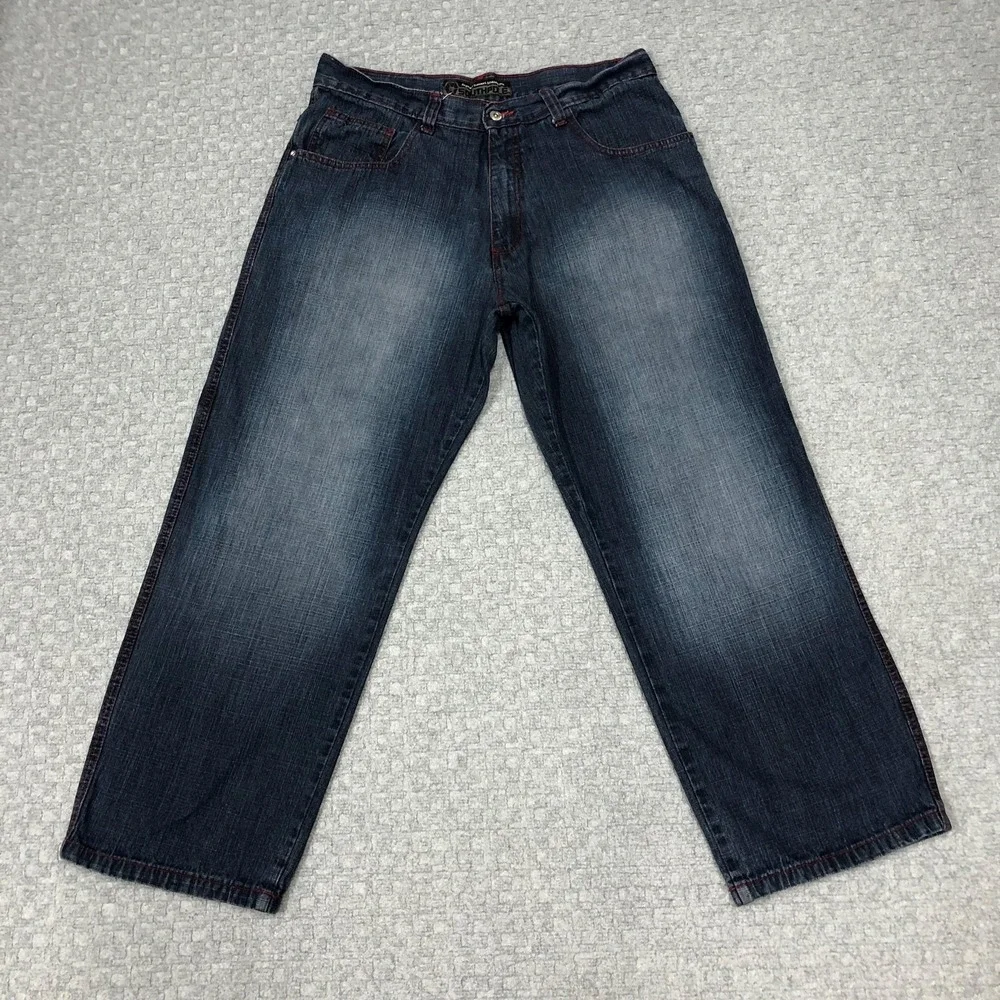 Southpole Jeans Mens 38x32 Blue Straight Leg Denim Red Stitch Casual Hip Hop Y2K